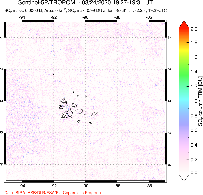 A sulfur dioxide image over Galápagos Islands on Mar 24, 2020.