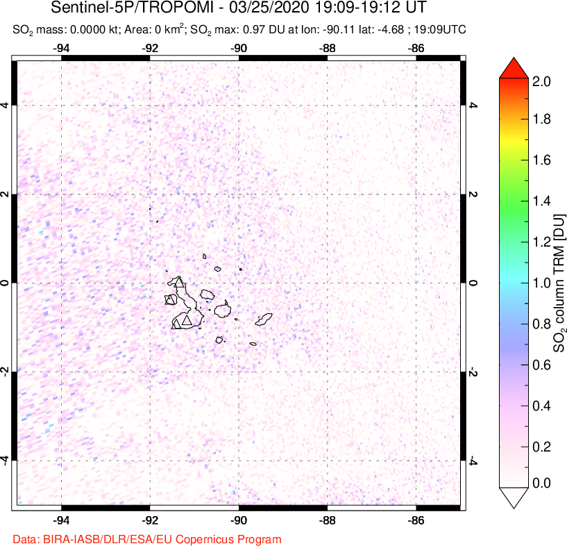 A sulfur dioxide image over Galápagos Islands on Mar 25, 2020.