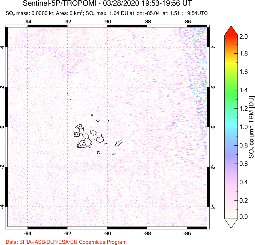 A sulfur dioxide image over Galápagos Islands on Mar 28, 2020.