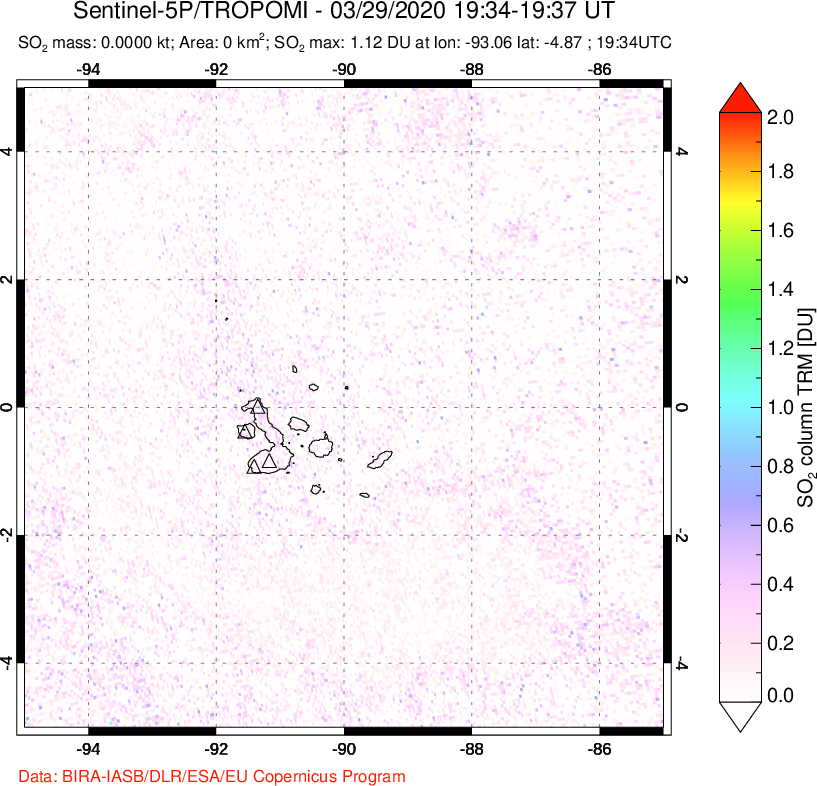 A sulfur dioxide image over Galápagos Islands on Mar 29, 2020.