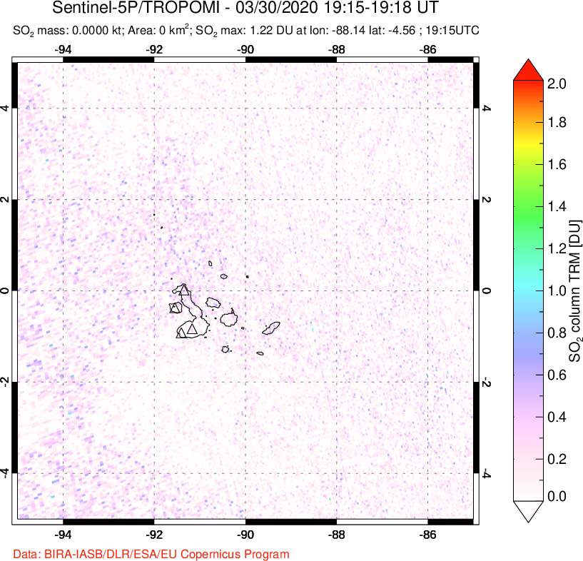 A sulfur dioxide image over Galápagos Islands on Mar 30, 2020.