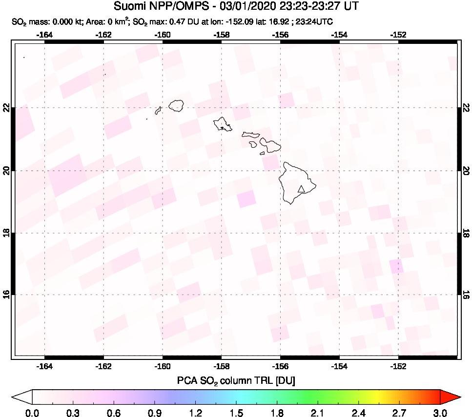 A sulfur dioxide image over Hawaii, USA on Mar 01, 2020.
