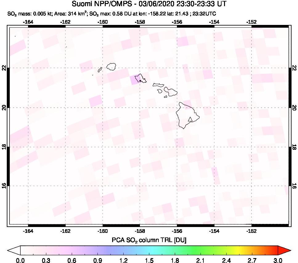 A sulfur dioxide image over Hawaii, USA on Mar 06, 2020.