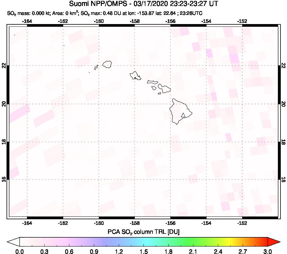 A sulfur dioxide image over Hawaii, USA on Mar 17, 2020.
