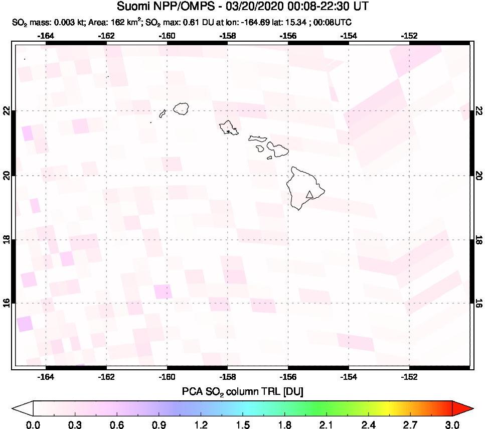 A sulfur dioxide image over Hawaii, USA on Mar 20, 2020.