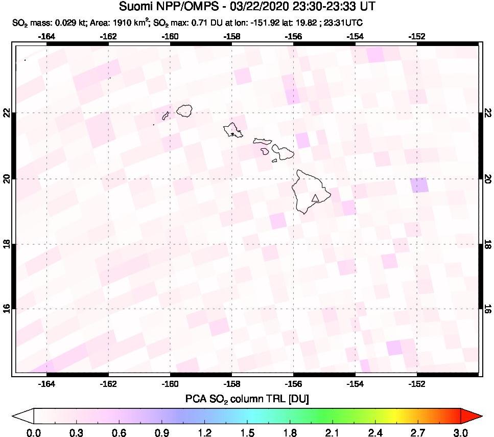 A sulfur dioxide image over Hawaii, USA on Mar 22, 2020.