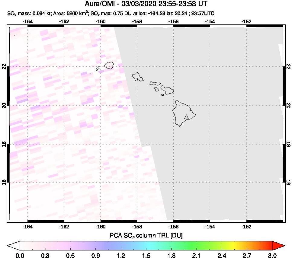 A sulfur dioxide image over Hawaii, USA on Mar 03, 2020.