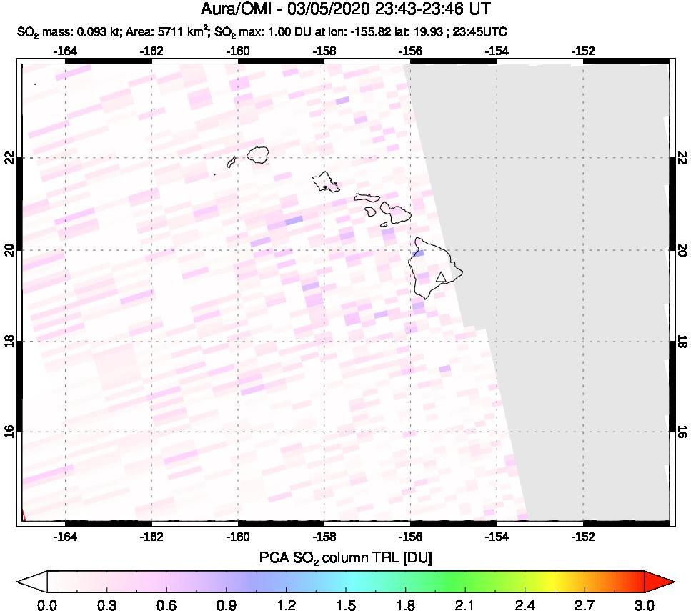 A sulfur dioxide image over Hawaii, USA on Mar 05, 2020.