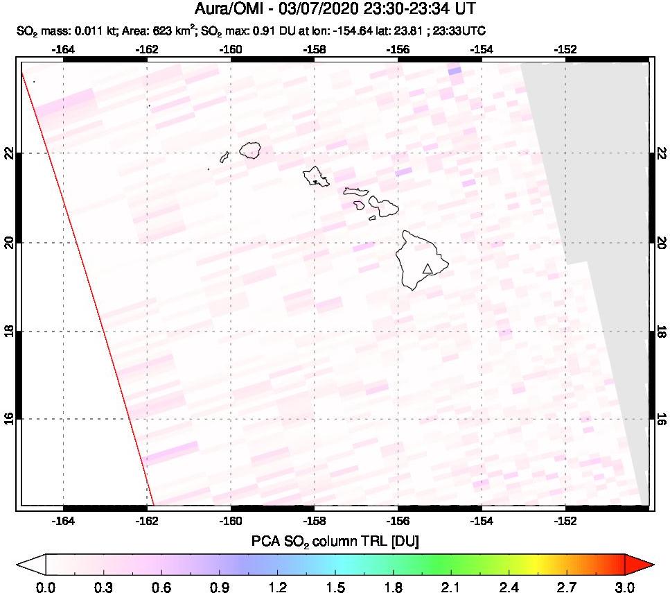 A sulfur dioxide image over Hawaii, USA on Mar 07, 2020.