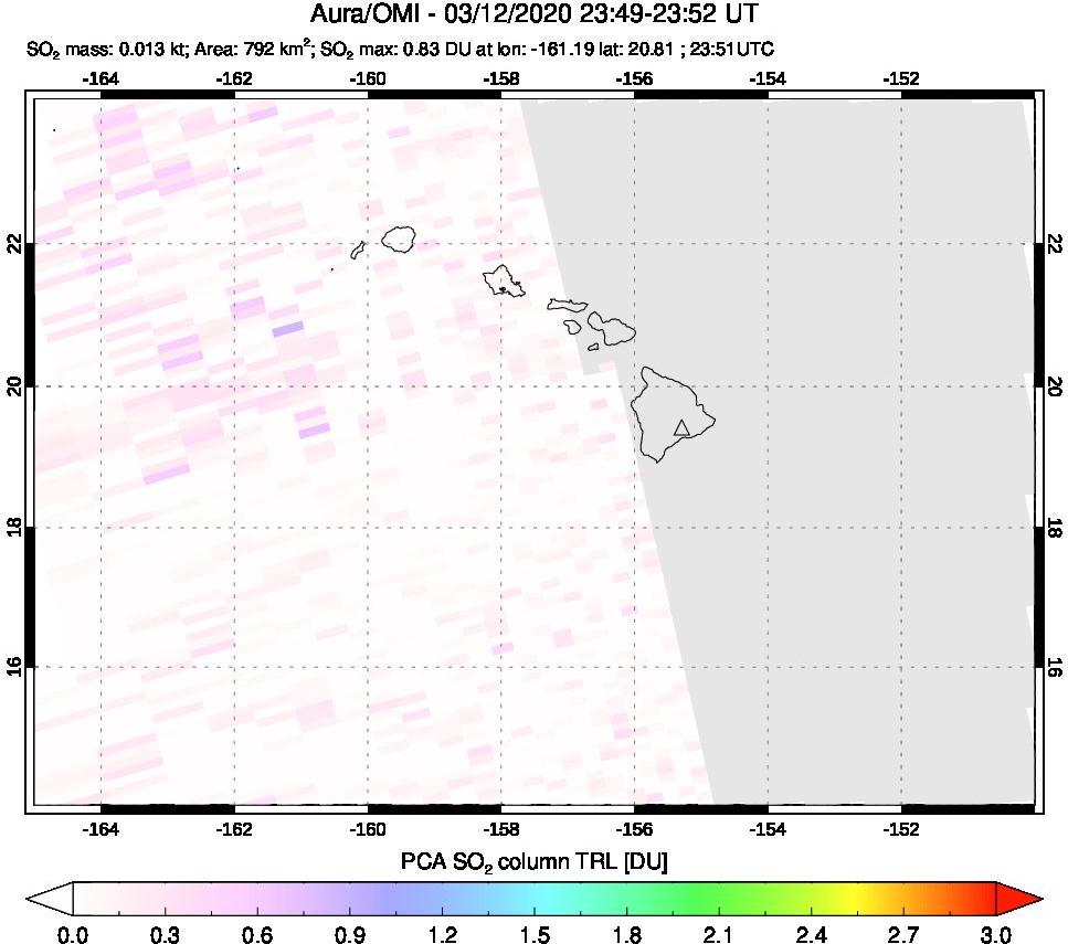 A sulfur dioxide image over Hawaii, USA on Mar 12, 2020.