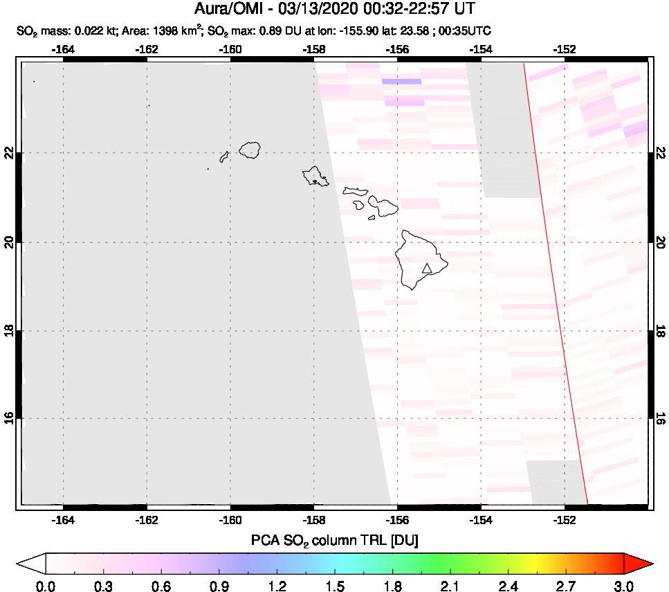 A sulfur dioxide image over Hawaii, USA on Mar 13, 2020.