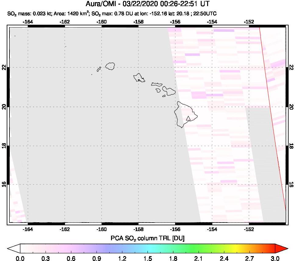 A sulfur dioxide image over Hawaii, USA on Mar 22, 2020.