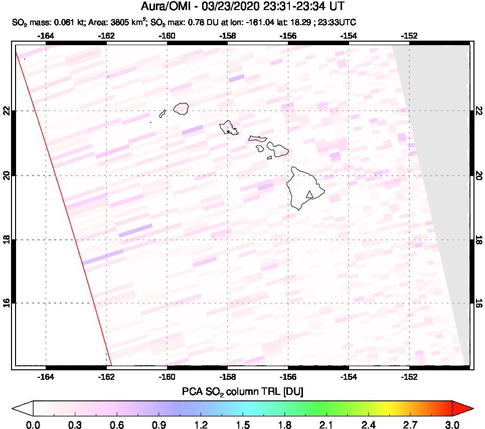 A sulfur dioxide image over Hawaii, USA on Mar 23, 2020.