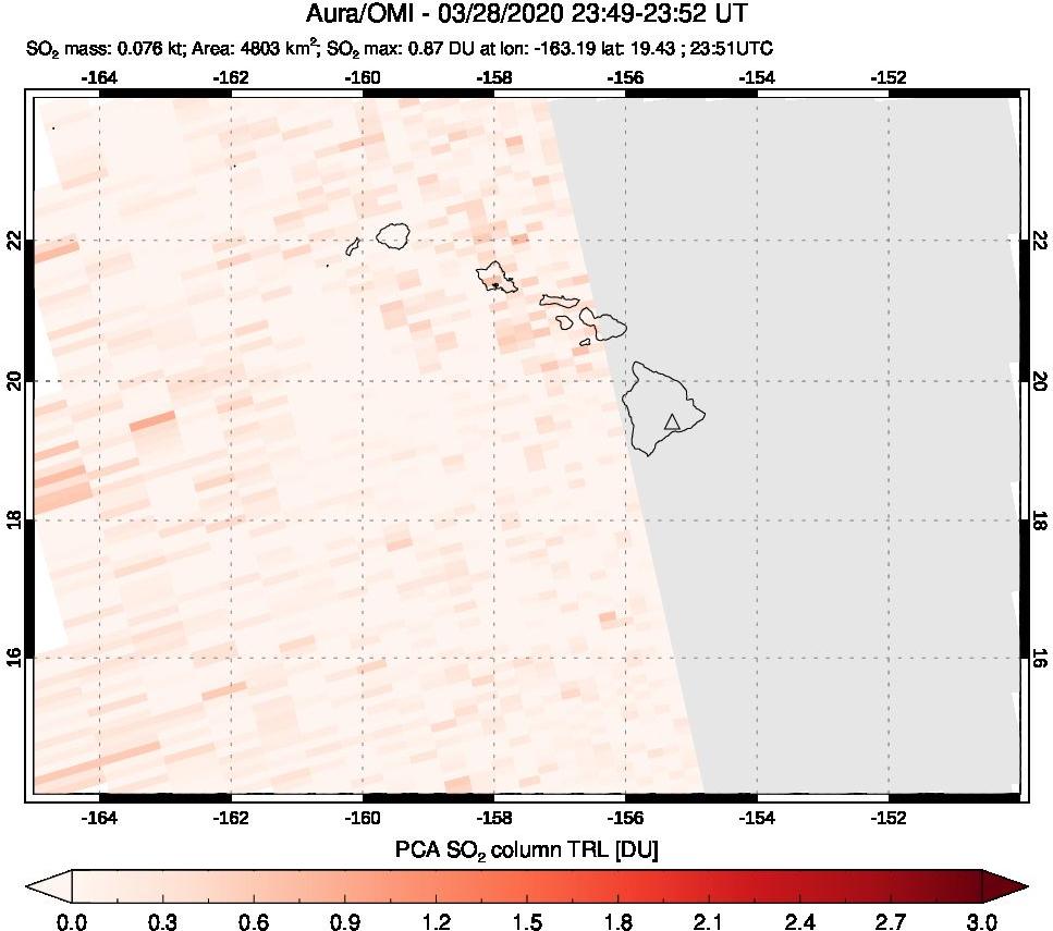 A sulfur dioxide image over Hawaii, USA on Mar 28, 2020.