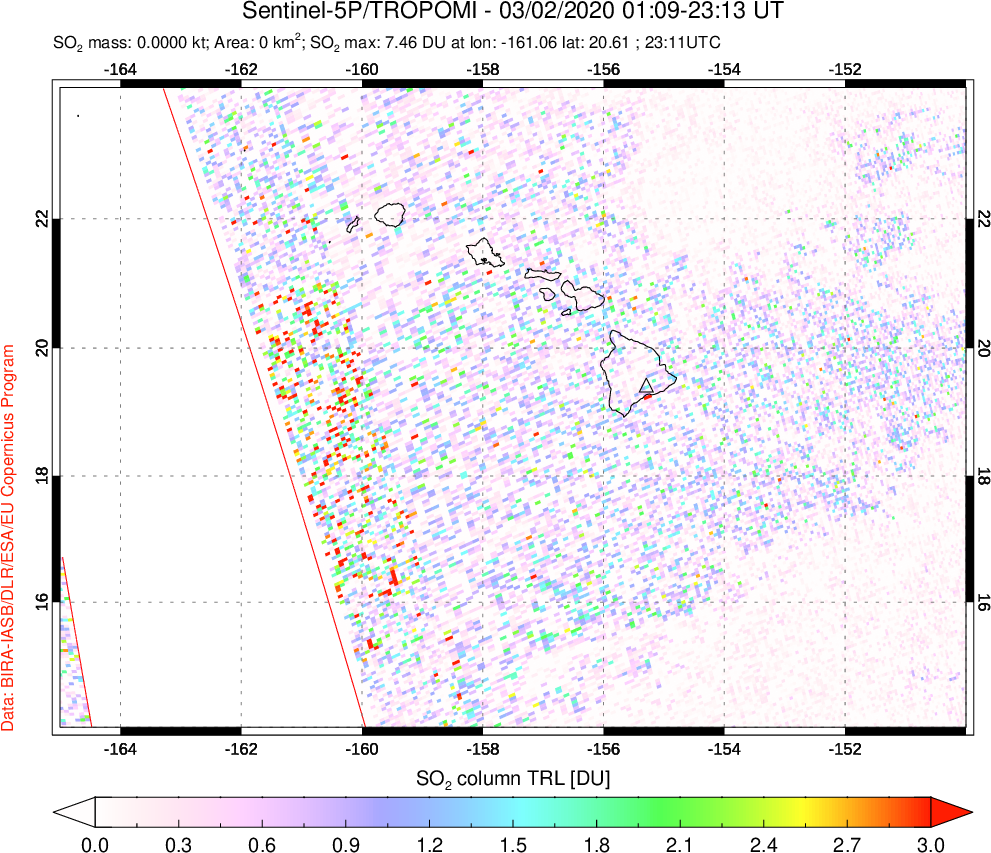A sulfur dioxide image over Hawaii, USA on Mar 02, 2020.