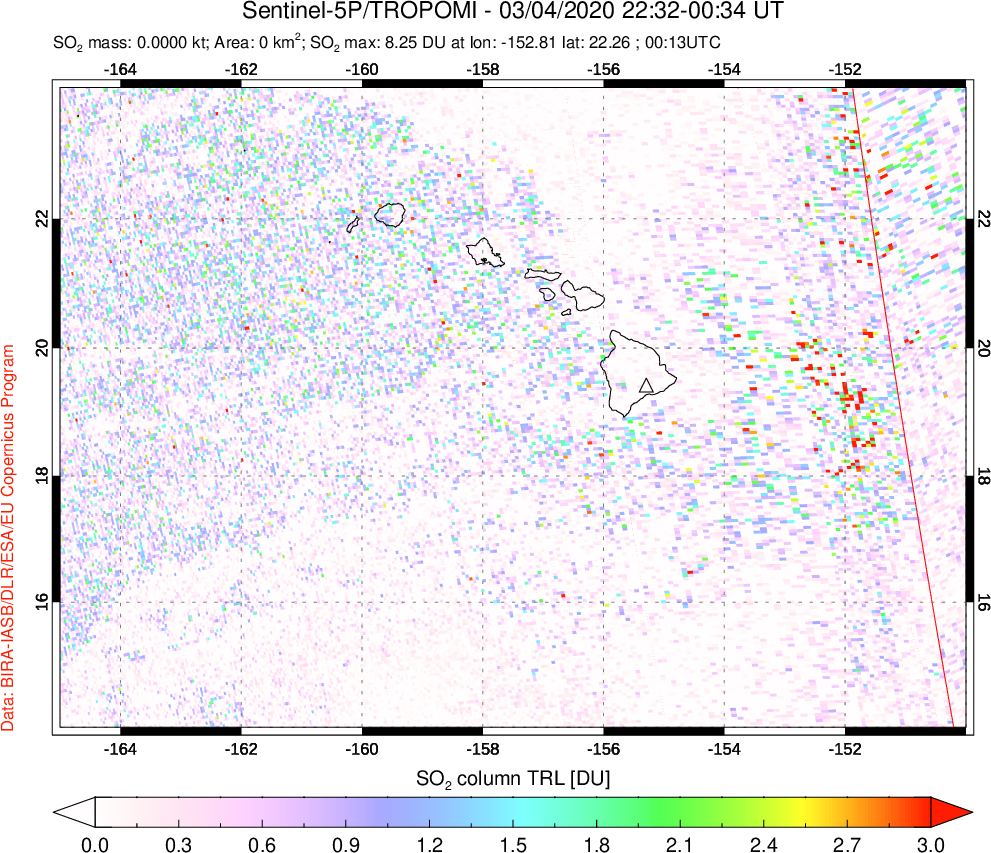A sulfur dioxide image over Hawaii, USA on Mar 04, 2020.