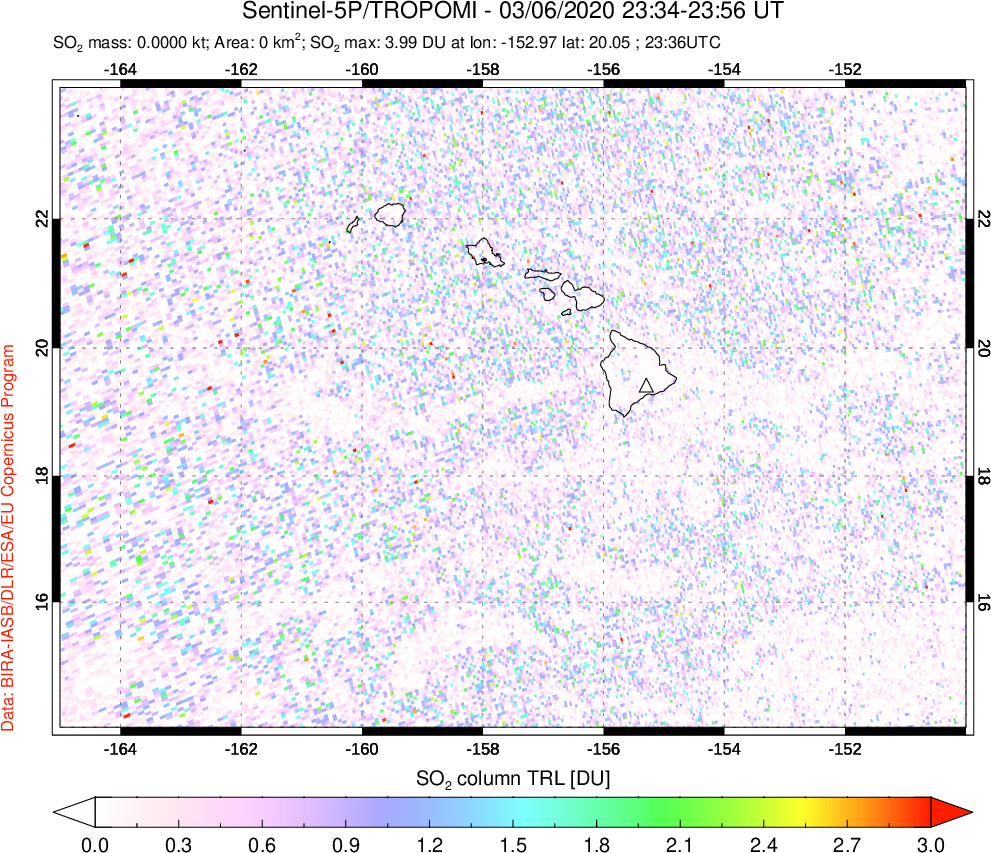 A sulfur dioxide image over Hawaii, USA on Mar 06, 2020.