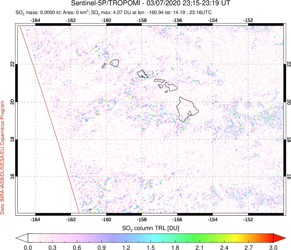 A sulfur dioxide image over Hawaii, USA on Mar 07, 2020.