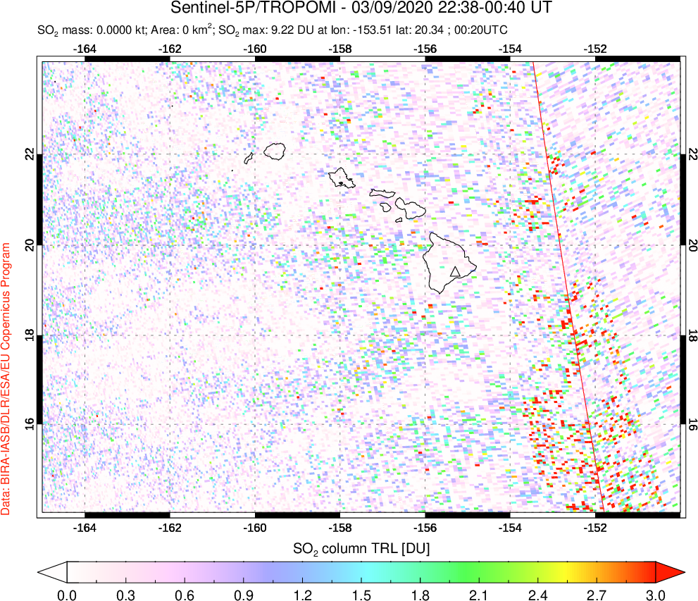 A sulfur dioxide image over Hawaii, USA on Mar 09, 2020.