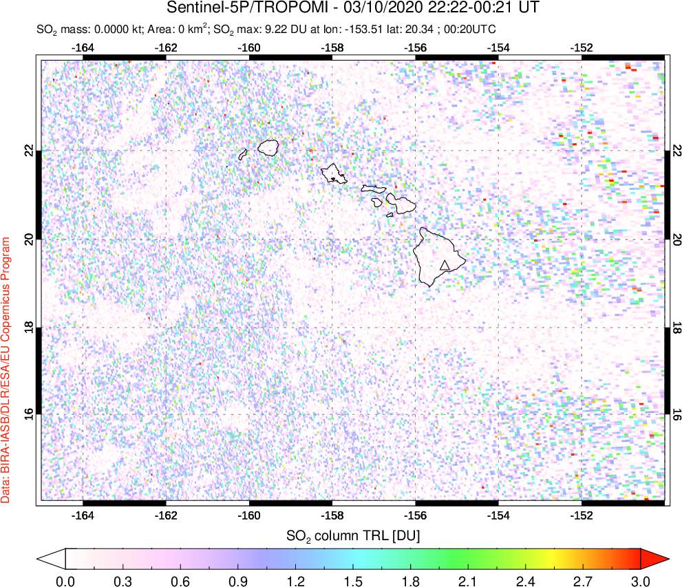 A sulfur dioxide image over Hawaii, USA on Mar 10, 2020.