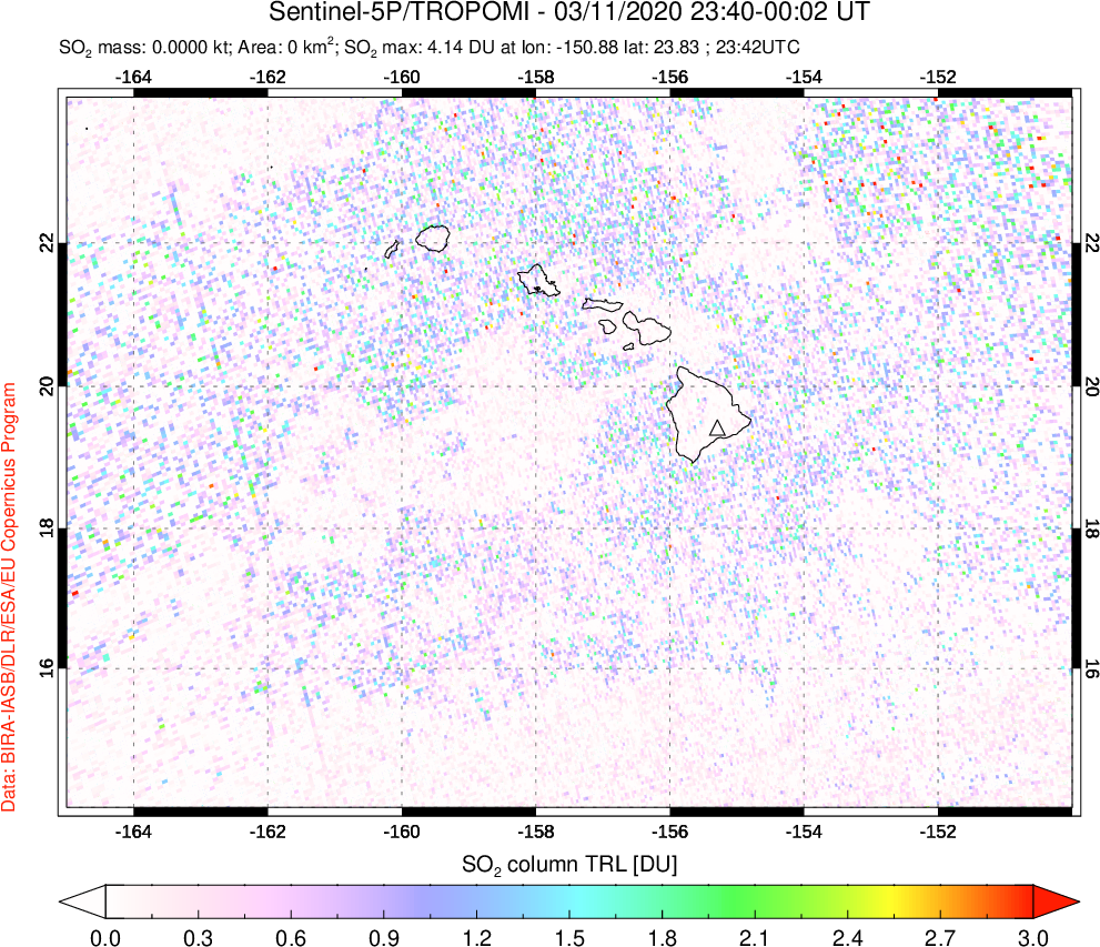 A sulfur dioxide image over Hawaii, USA on Mar 11, 2020.