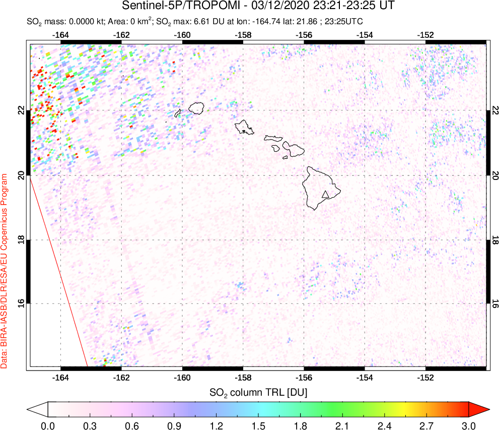 A sulfur dioxide image over Hawaii, USA on Mar 12, 2020.