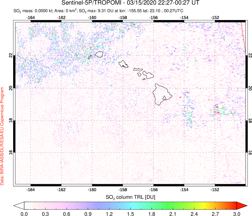 A sulfur dioxide image over Hawaii, USA on Mar 15, 2020.