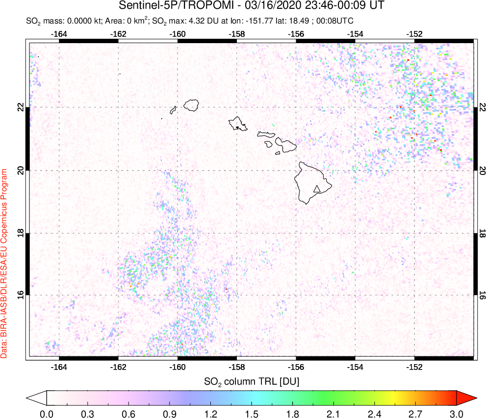 A sulfur dioxide image over Hawaii, USA on Mar 16, 2020.