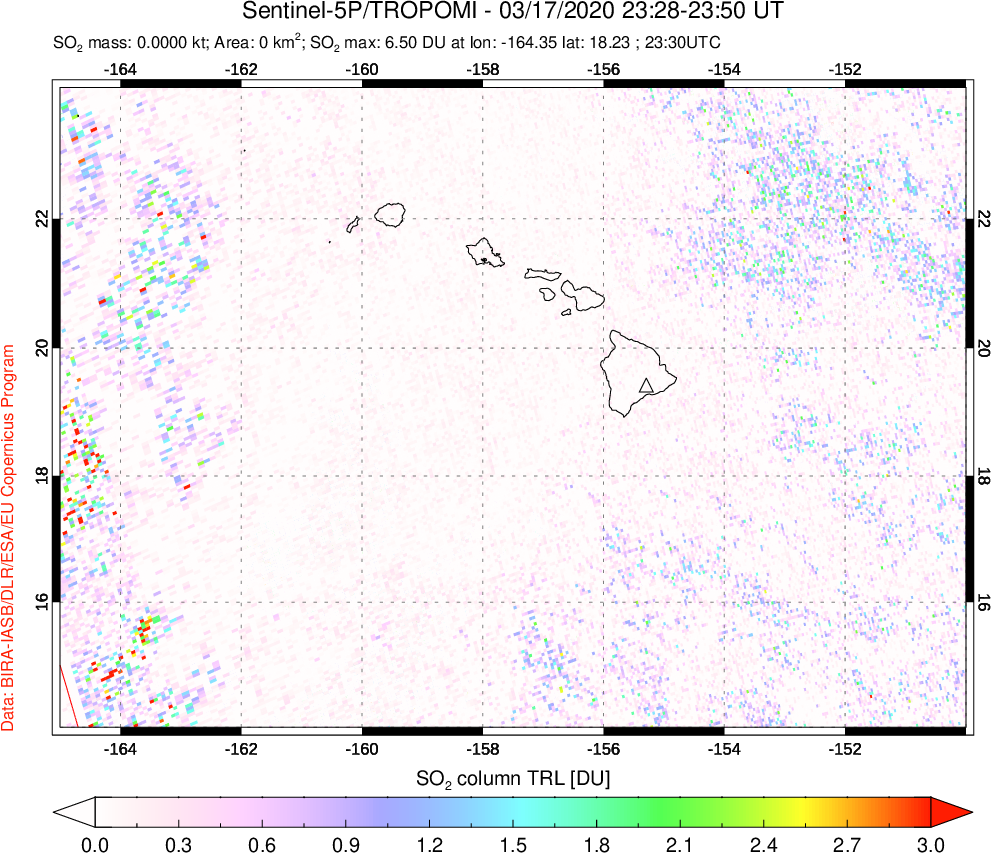 A sulfur dioxide image over Hawaii, USA on Mar 17, 2020.