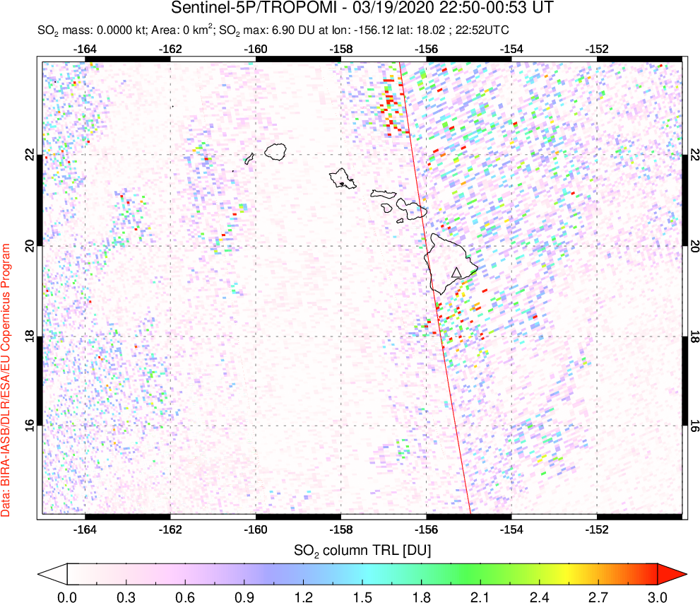 A sulfur dioxide image over Hawaii, USA on Mar 19, 2020.