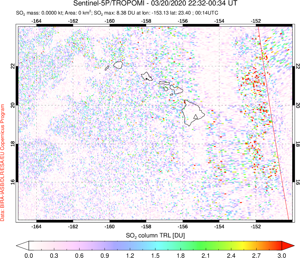 A sulfur dioxide image over Hawaii, USA on Mar 20, 2020.