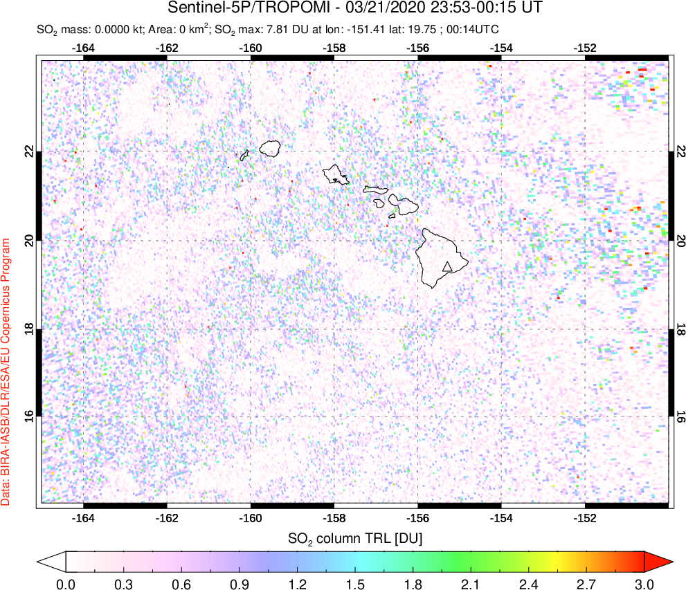 A sulfur dioxide image over Hawaii, USA on Mar 21, 2020.