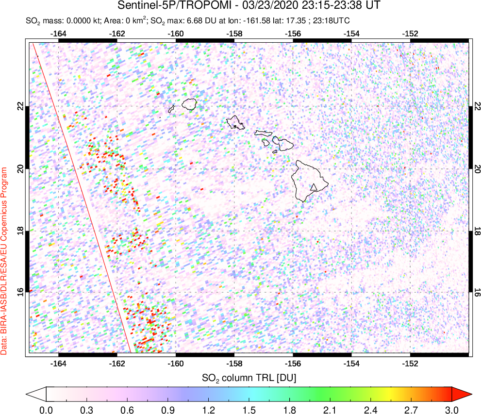 A sulfur dioxide image over Hawaii, USA on Mar 23, 2020.