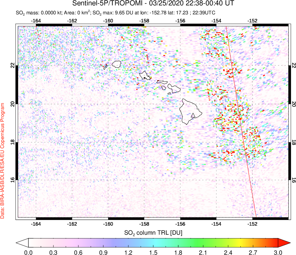 A sulfur dioxide image over Hawaii, USA on Mar 25, 2020.