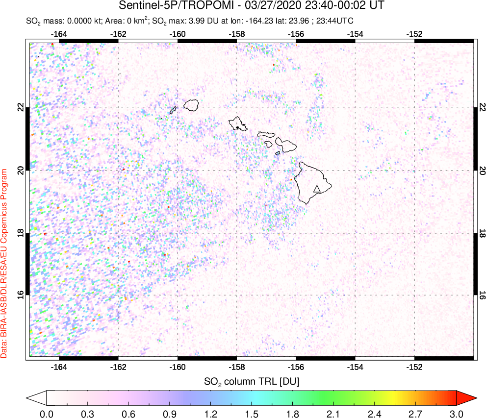 A sulfur dioxide image over Hawaii, USA on Mar 27, 2020.