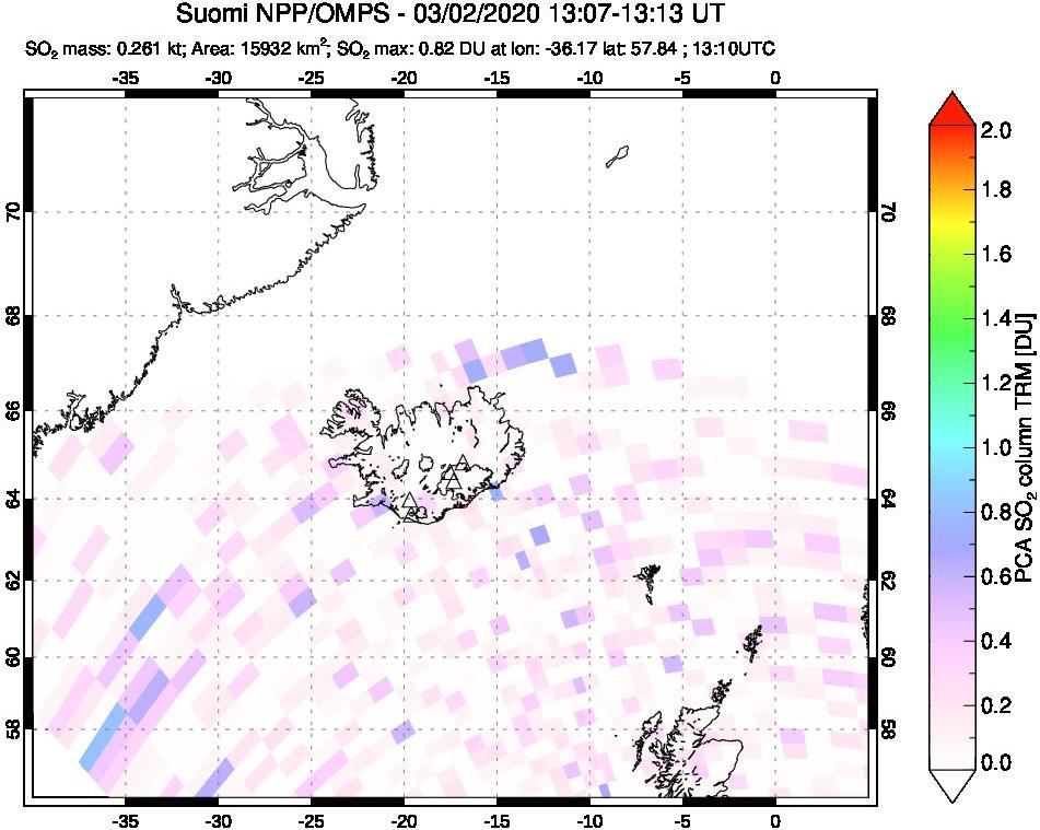 A sulfur dioxide image over Iceland on Mar 02, 2020.