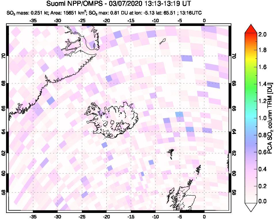 A sulfur dioxide image over Iceland on Mar 07, 2020.