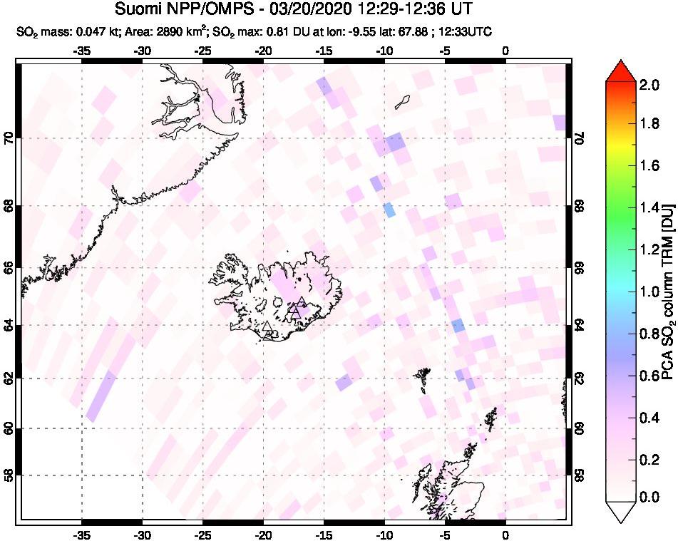 A sulfur dioxide image over Iceland on Mar 20, 2020.