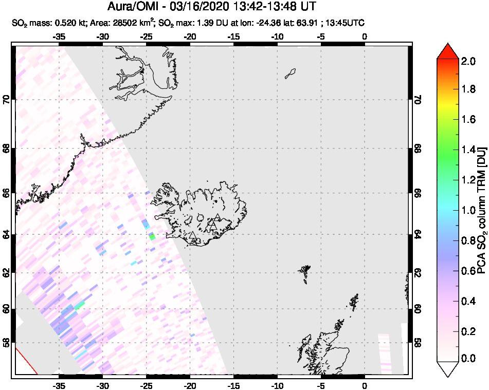 A sulfur dioxide image over Iceland on Mar 16, 2020.
