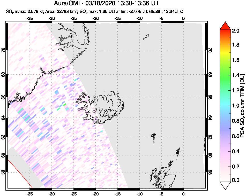 A sulfur dioxide image over Iceland on Mar 18, 2020.
