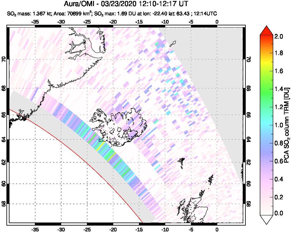 A sulfur dioxide image over Iceland on Mar 23, 2020.