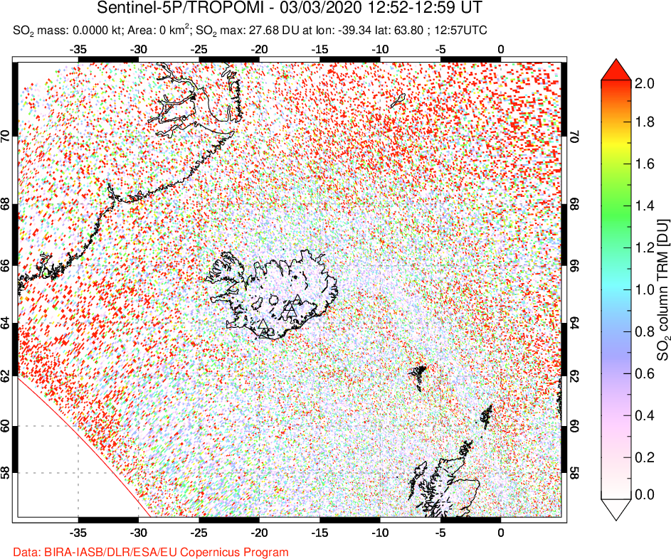 A sulfur dioxide image over Iceland on Mar 03, 2020.