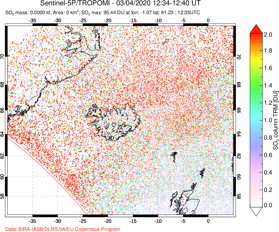 A sulfur dioxide image over Iceland on Mar 04, 2020.