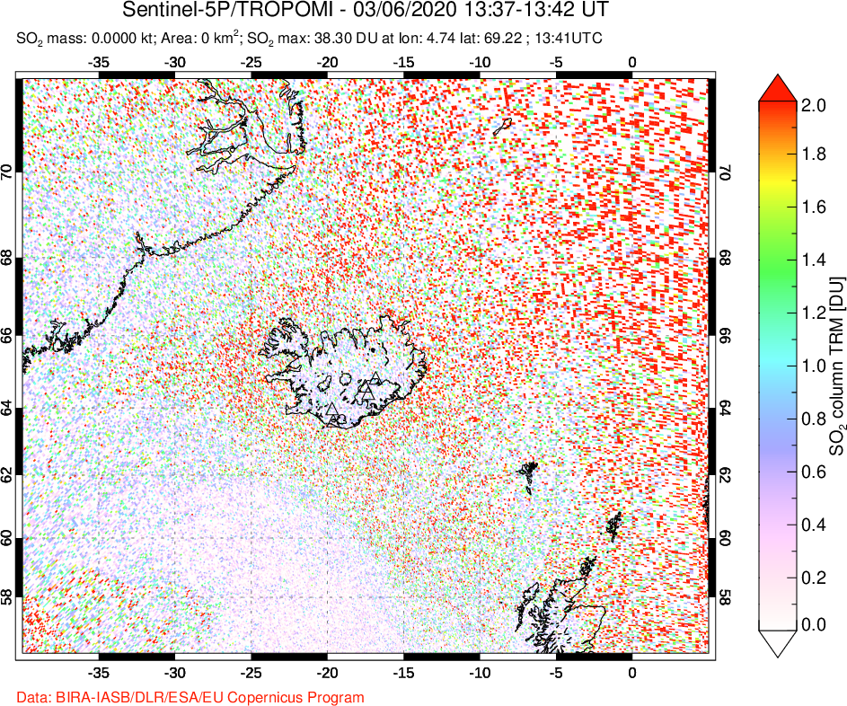 A sulfur dioxide image over Iceland on Mar 06, 2020.