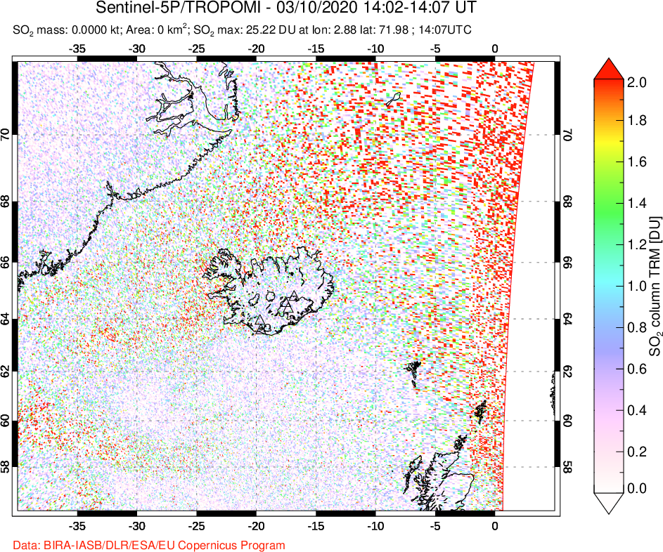 A sulfur dioxide image over Iceland on Mar 10, 2020.