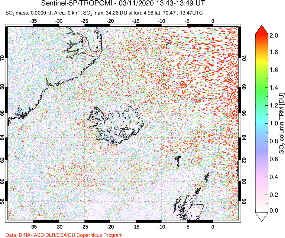A sulfur dioxide image over Iceland on Mar 11, 2020.
