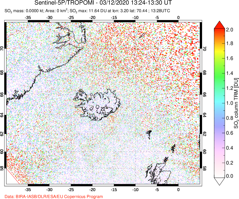 A sulfur dioxide image over Iceland on Mar 12, 2020.