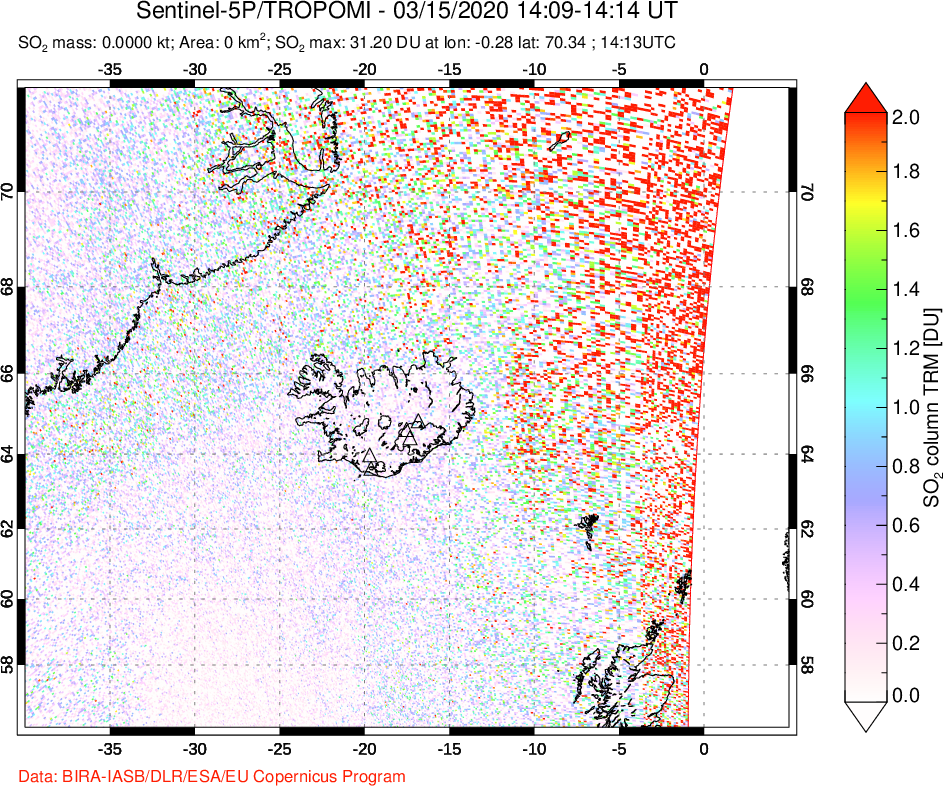 A sulfur dioxide image over Iceland on Mar 15, 2020.