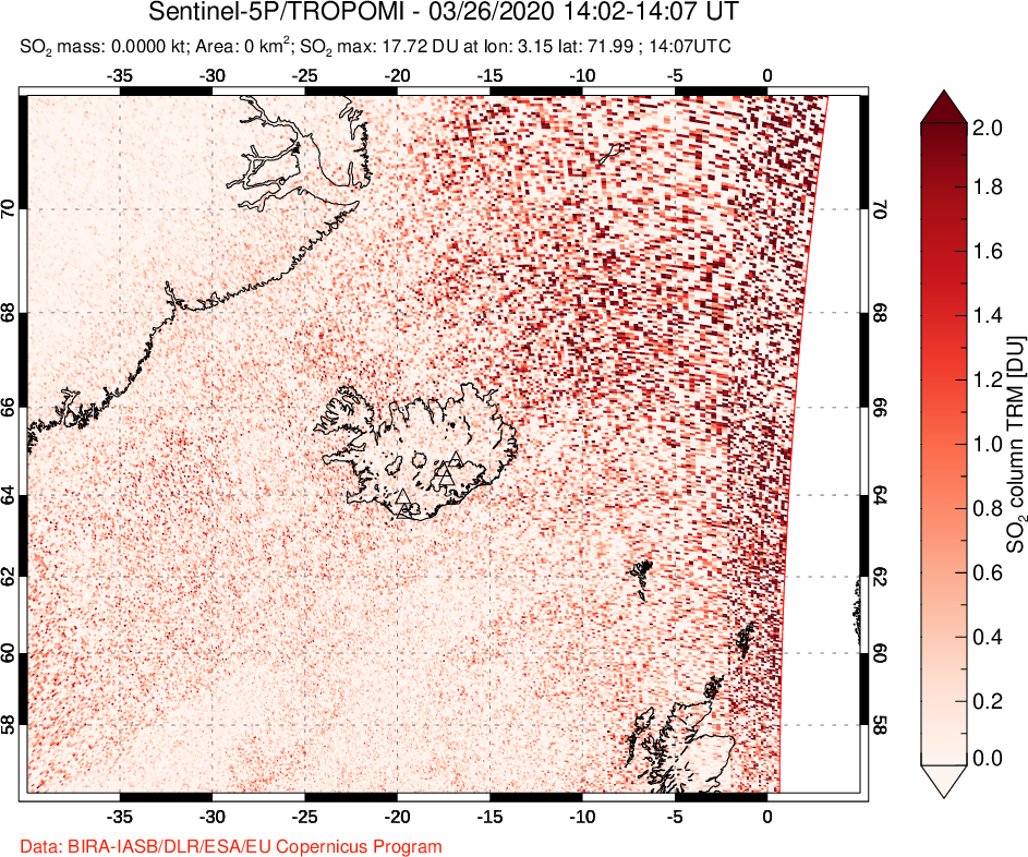 A sulfur dioxide image over Iceland on Mar 26, 2020.