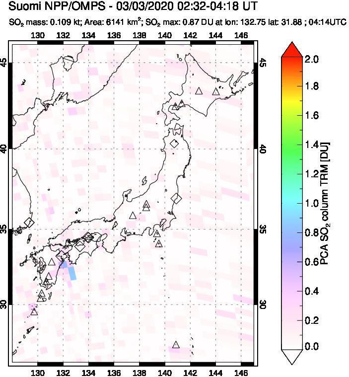 A sulfur dioxide image over Japan on Mar 03, 2020.